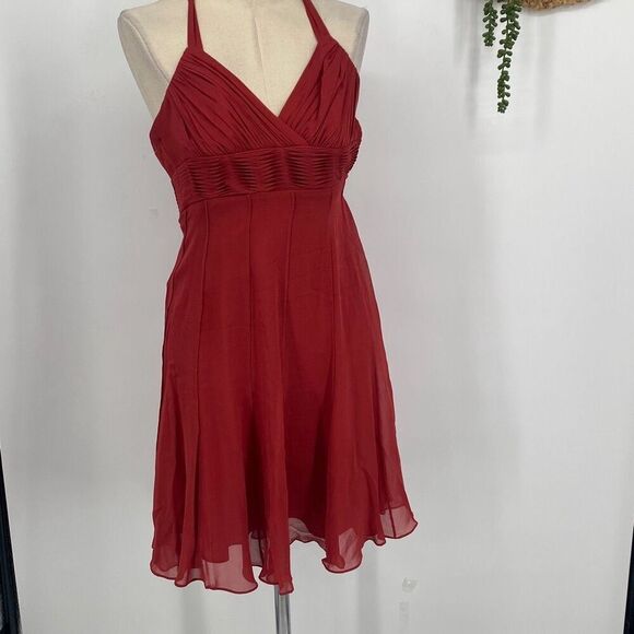 BCBGMaxAzria Womens Sleeveless Slinky Silk Halter Mini Dress Burnt Orange Size 2 - Picture 1 of 12